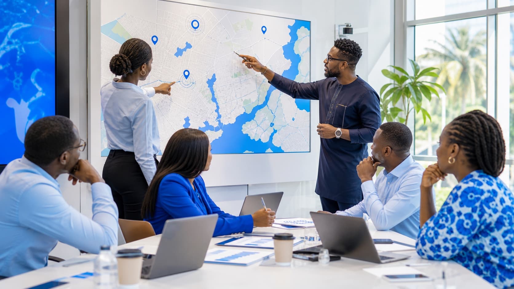 Équipe marketing définissant les zones de diffusion d’une campagne sur une carte d’Abidjan